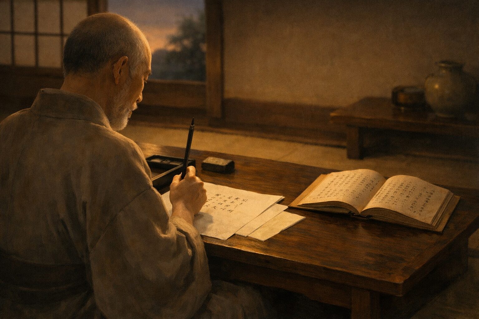 徒然草 冒頭 つれづれなるままに 硯に向かって書きつける場面