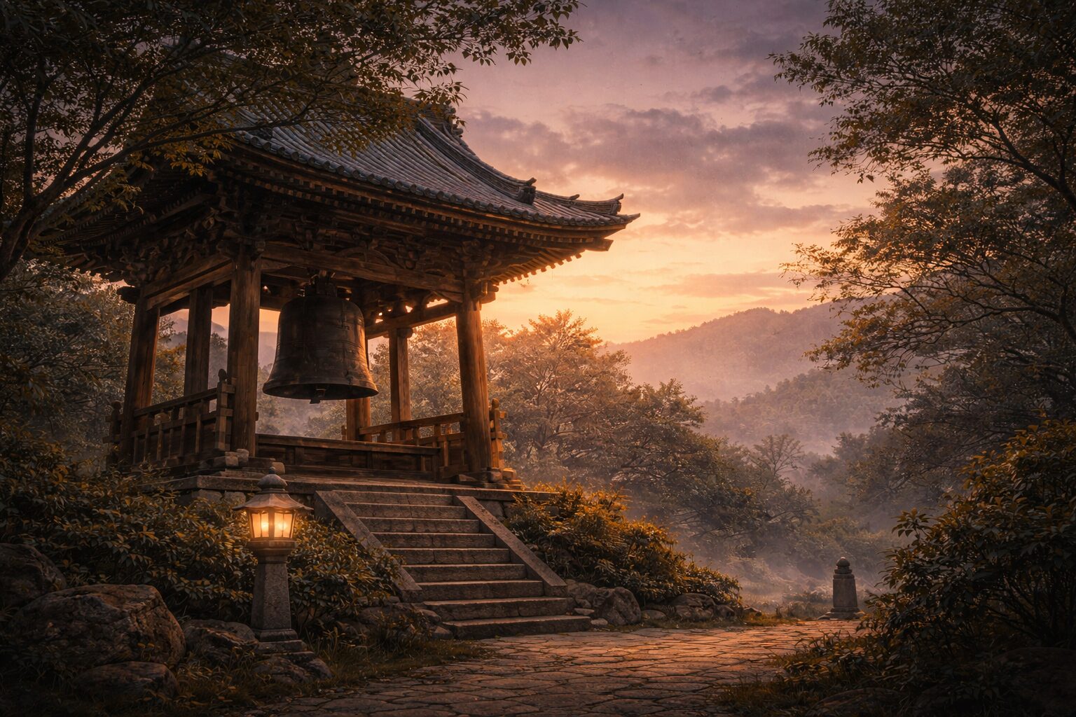 夕暮れの寺の鐘楼に静かな鐘の響きが満ち平家物語の無常観を感じさせる場面