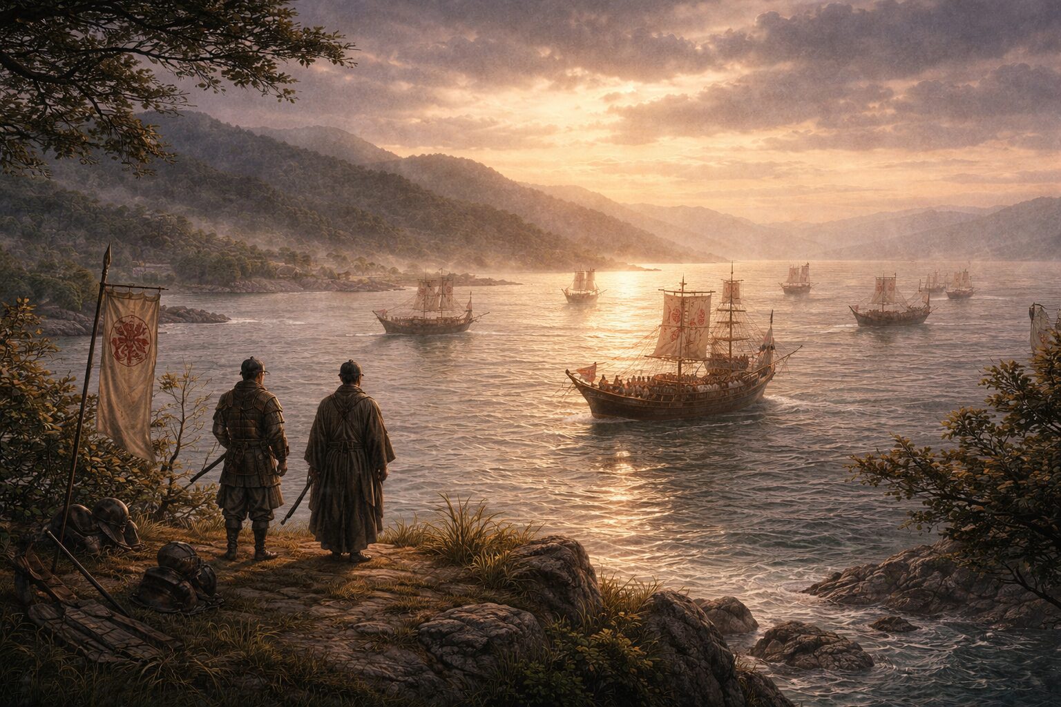 海と舟を背景に平家の栄華と滅亡へ向かう大きな流れを感じさせる平家物語全体のイメージ