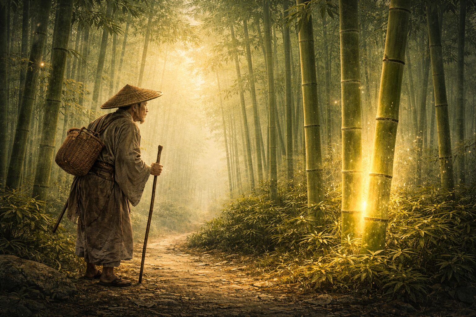 竹取物語 冒頭 竹林で光る竹を見つける翁の場面