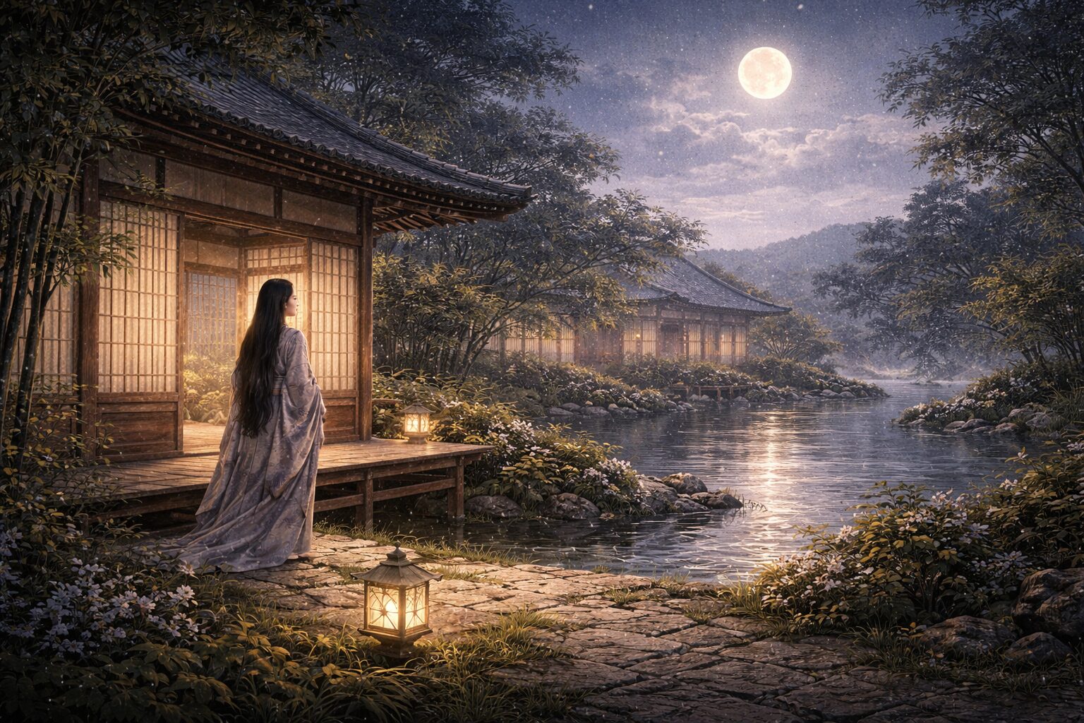 竹取物語 結末 かぐや姫が月へ帰る場面をイメージした月夜の庭