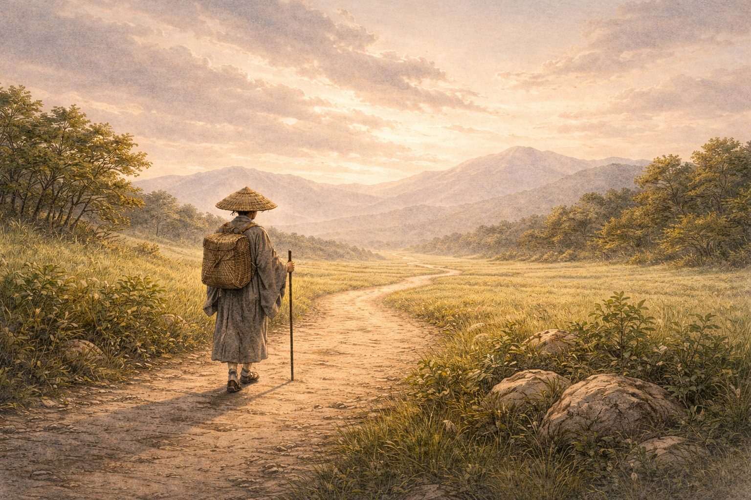奥の細道の冒頭『月日は百代の過客にして』が示す時間も人生も旅のように過ぎる感覚の場面