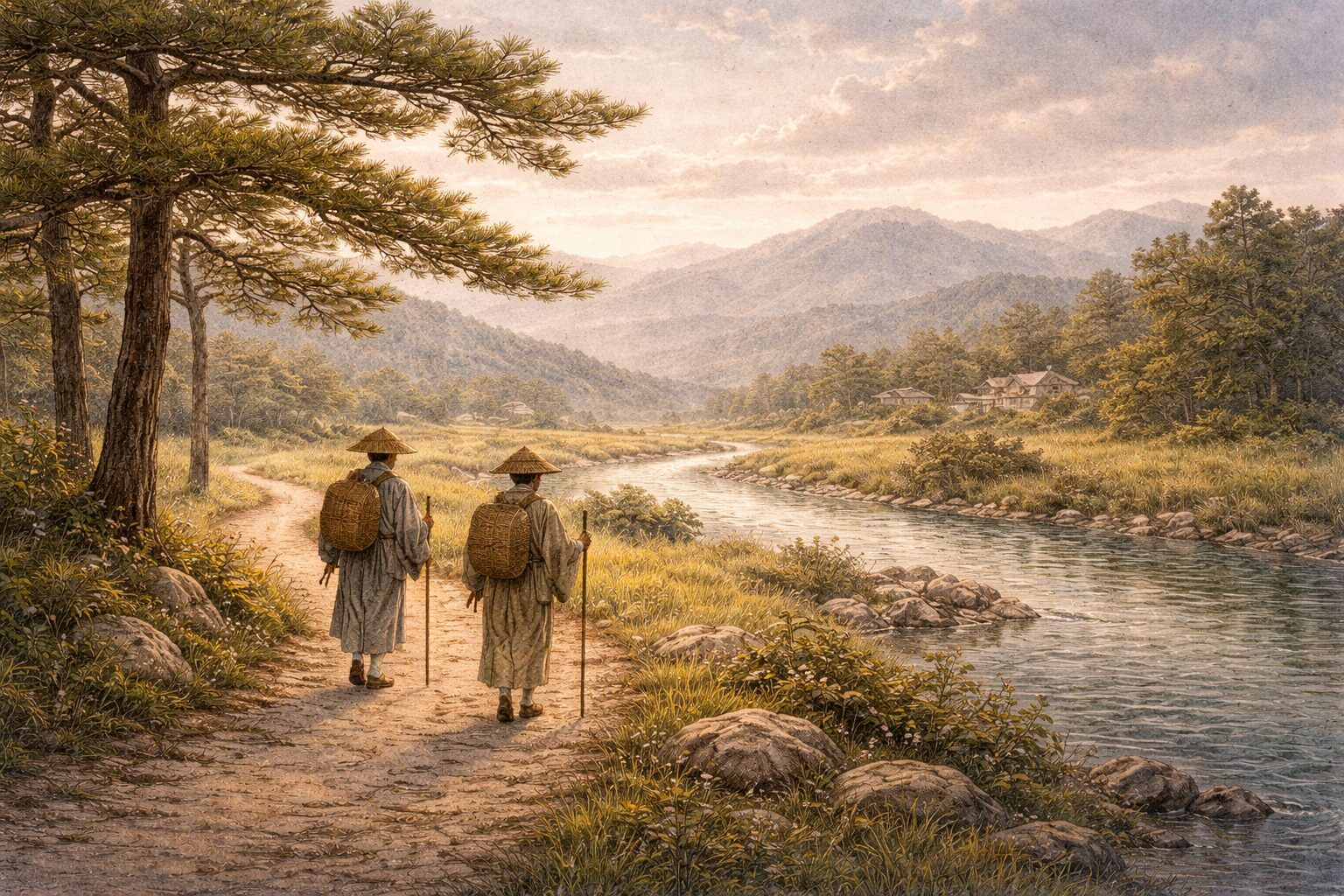 奥の細道の内容である旅と風景と歴史の余韻をたどる道と川と遠景の山々の場面