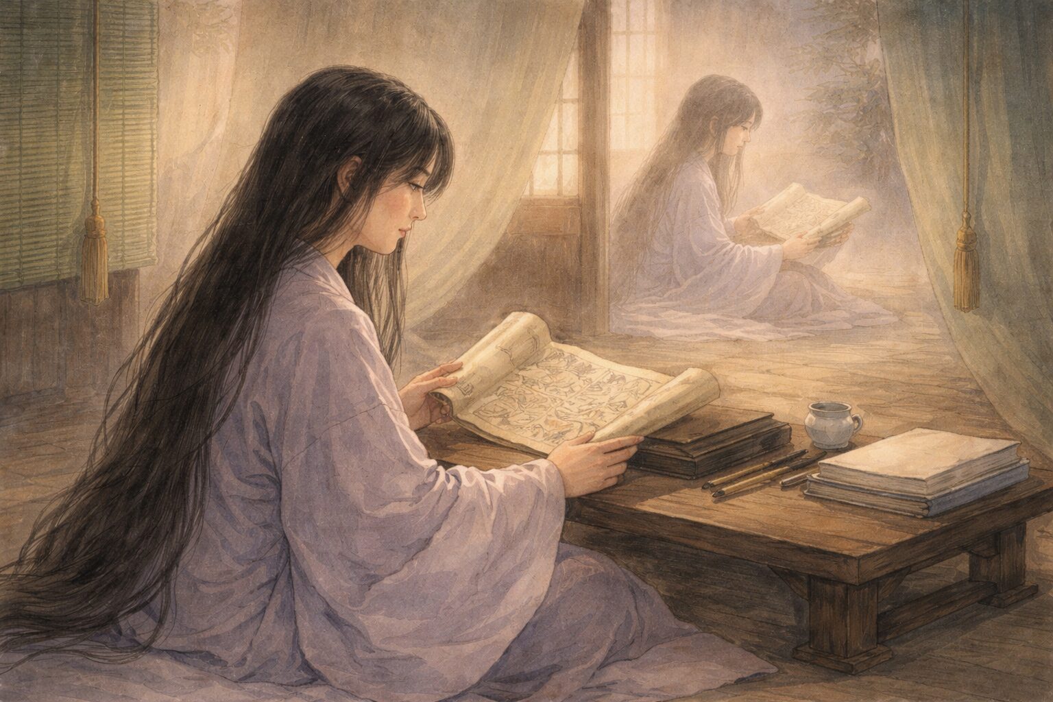 更級日記の少女の物語への憧れと後年の静かな回想が重なる場面