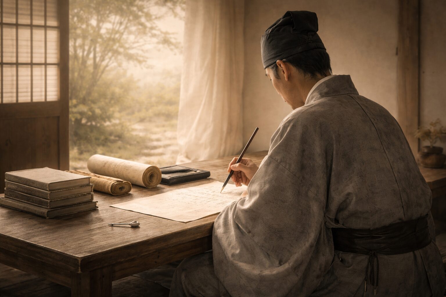 藤原定家の仕事として歌集編纂と古典筆写に向き合う場面