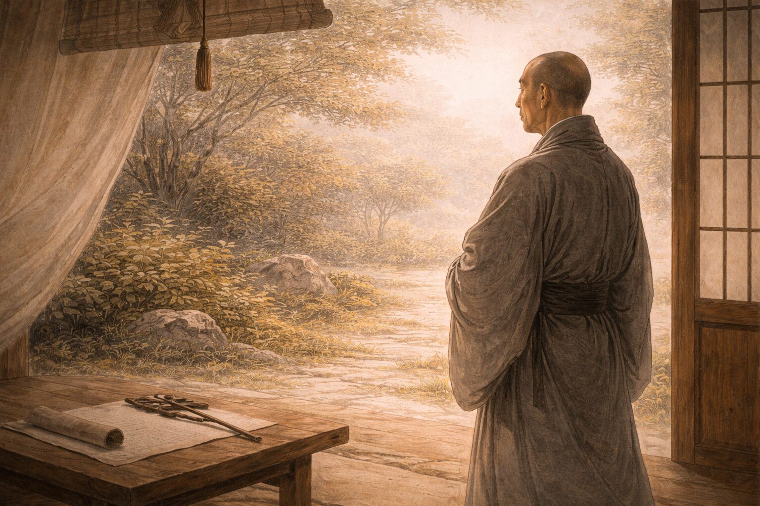 兼好法師の生涯と宮廷文化への視線を表す静かな場面