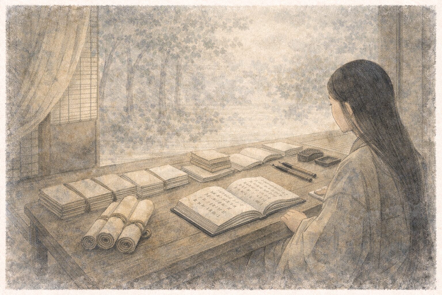 無名草子の内容と物語や歌集を読み比べて語る評論世界を表した場面