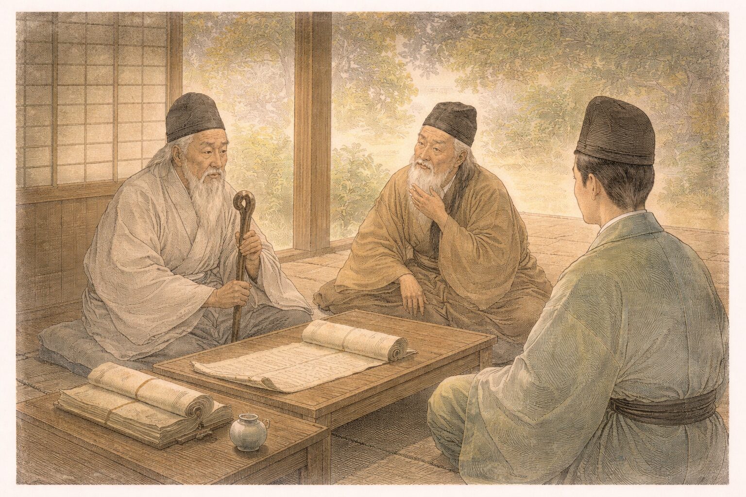 大鏡の冒頭で二人の老人と若い聞き手が昔を語り始める場面