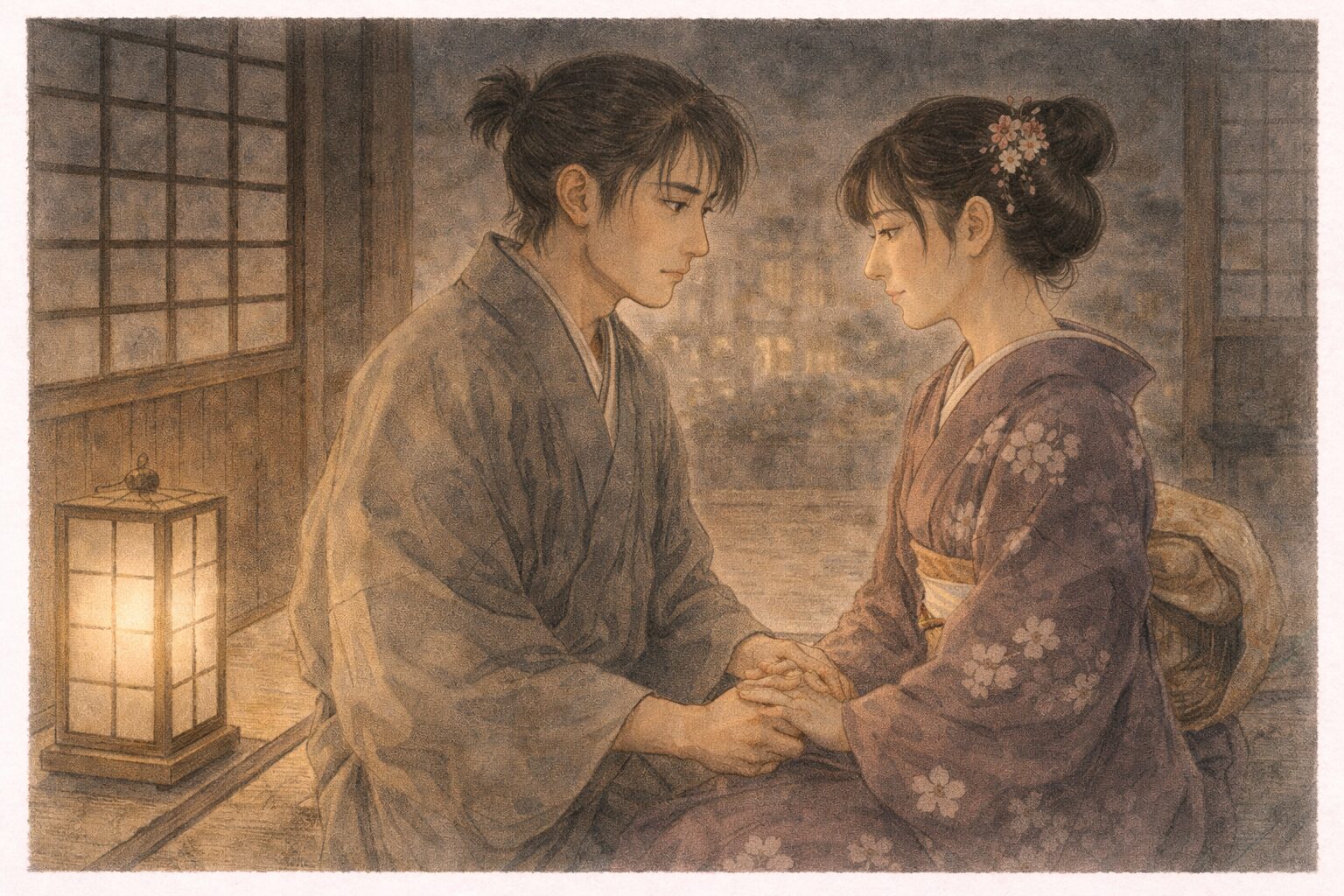 曾根崎心中の義理と人情の板ばさみの中で心を通わせる徳兵衛とお初の場面