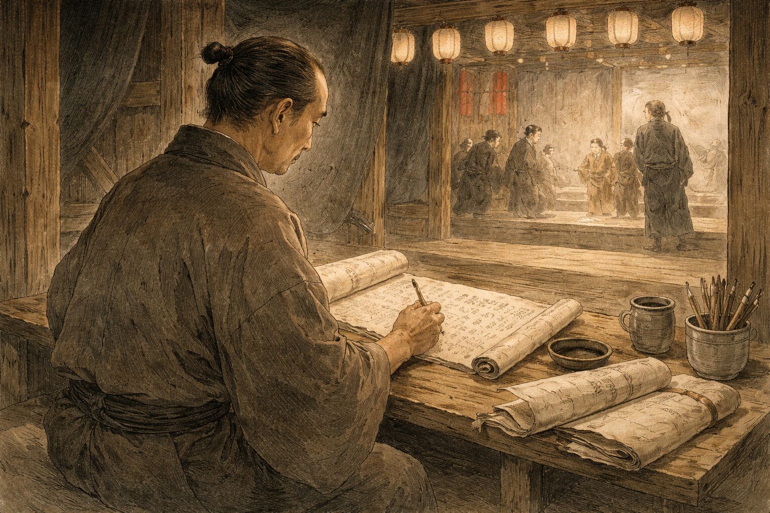 竹田出雲の生涯と浄瑠璃の舞台現場との結びつきを表す場面