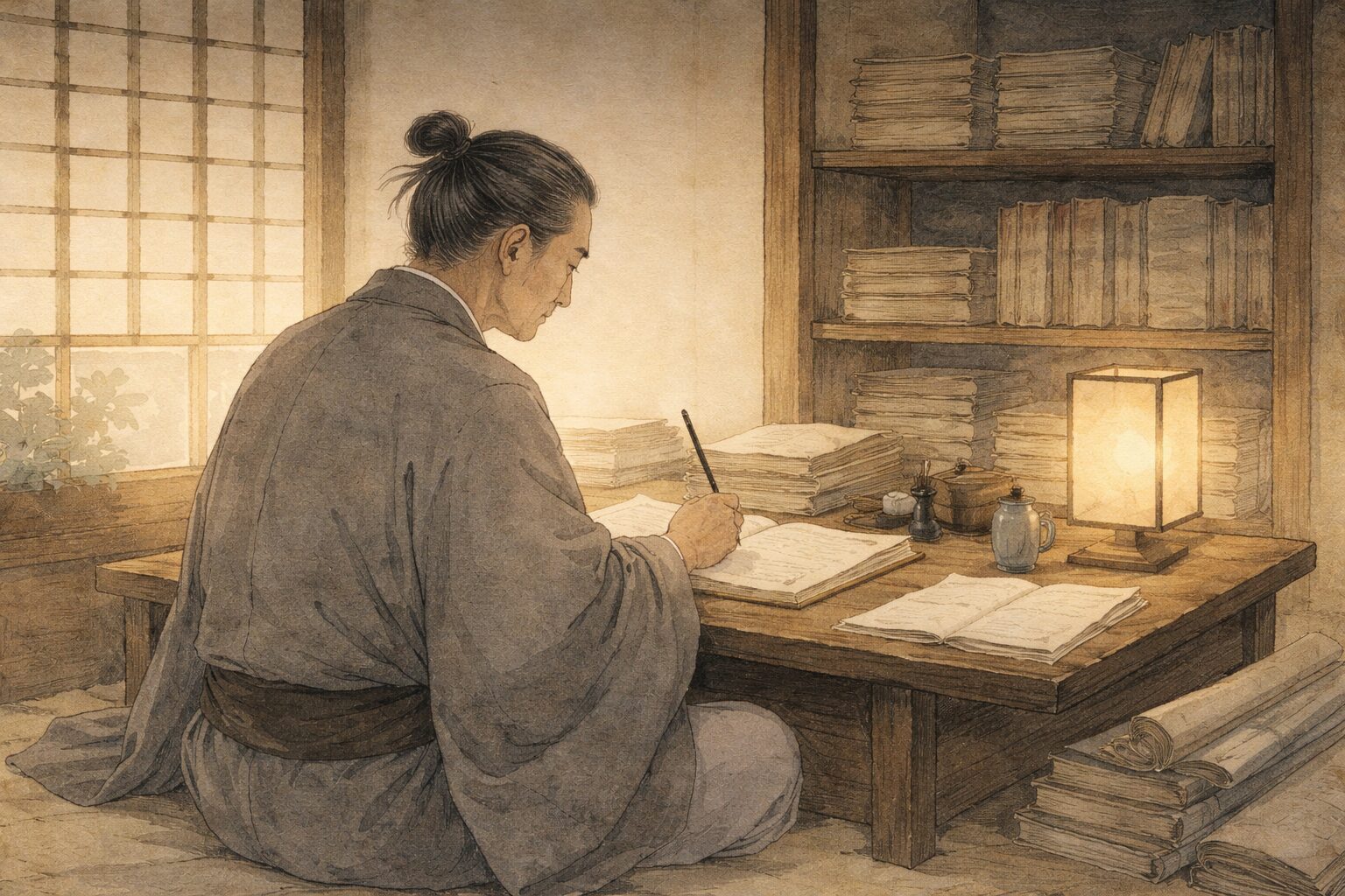 本居宣長の生涯として医業と古典研究を両立する場面