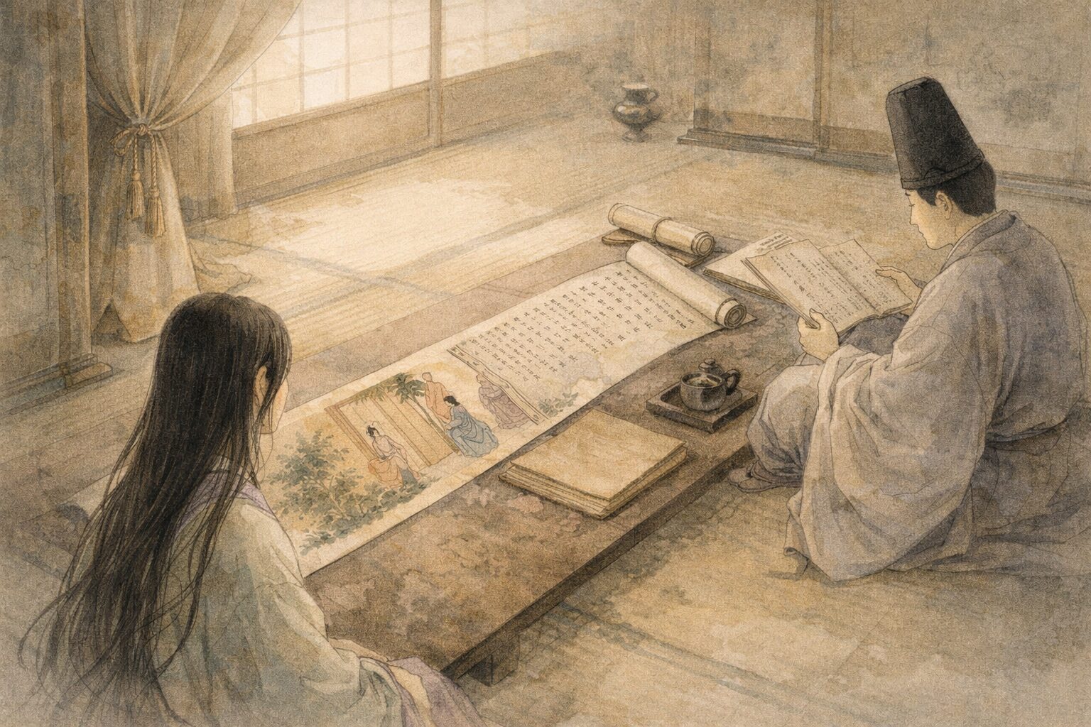 しのびね物語で物語絵巻を囲み静かな余韻が広がる場面のイメージ