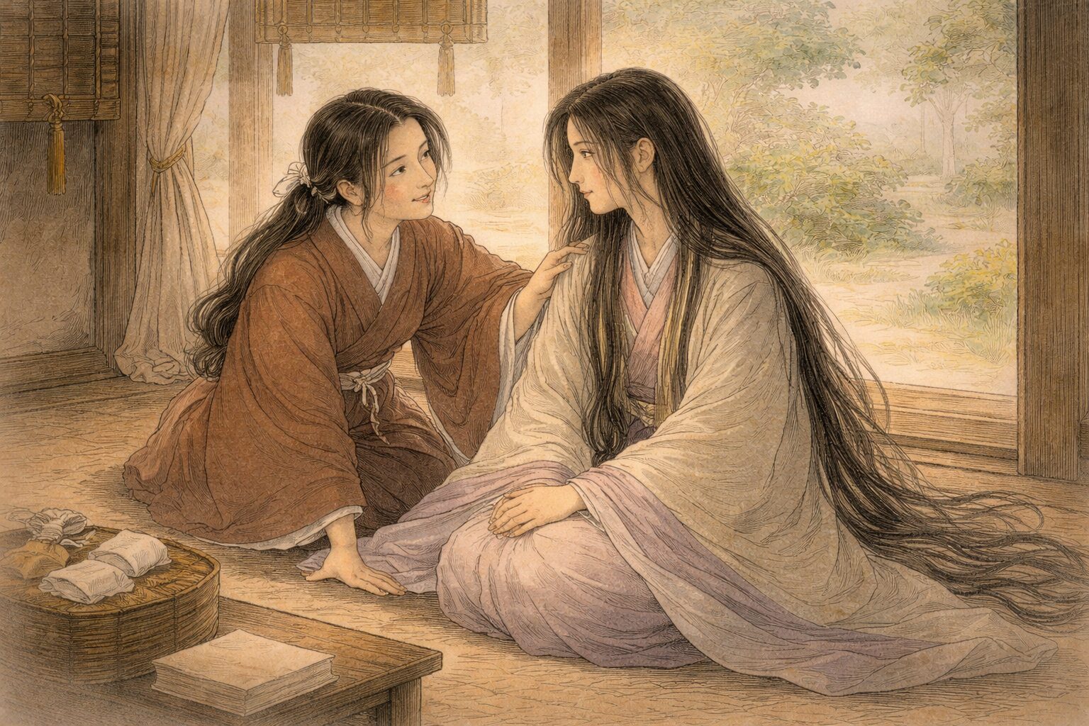 落窪物語で姫君の逆転と味方の助けが伝わる場面のイメージ