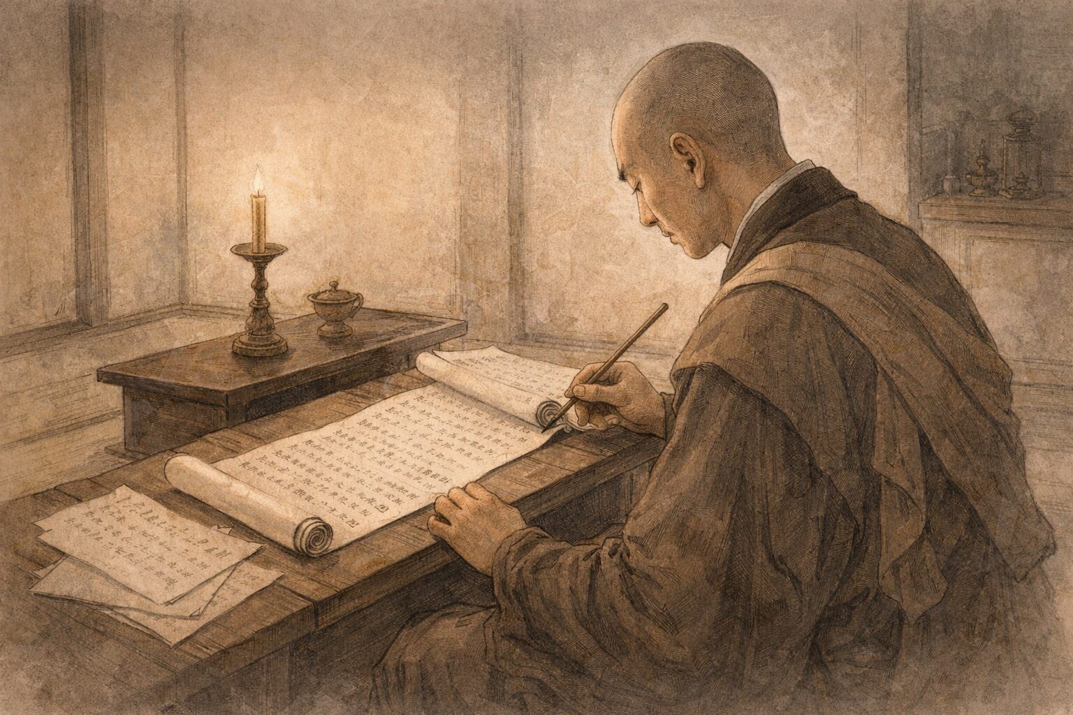 日本霊異記で景戒が説話を編んでいる場面のイメージ