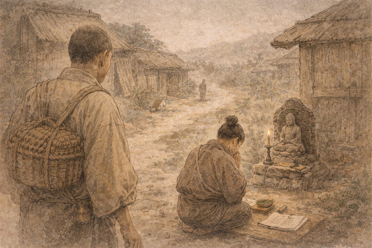 日本霊異記で因果応報と古代の生活感が重なる場面のイメージ