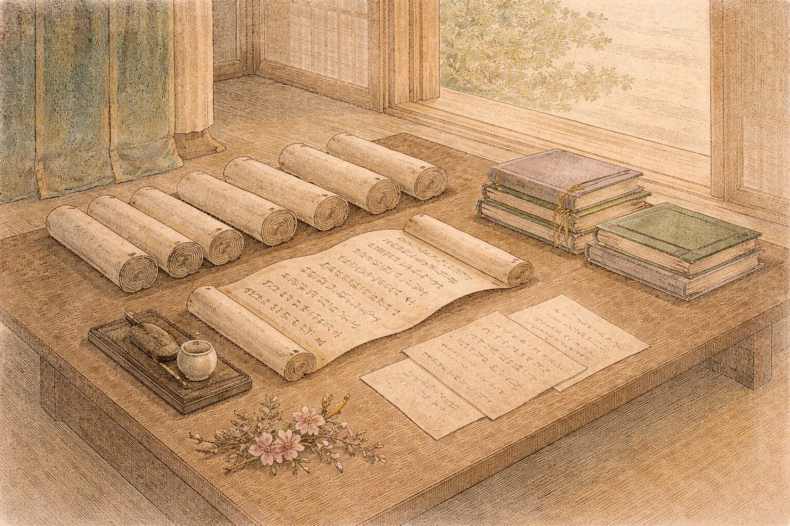 定家自身の筆跡が残る古びた冊子や料紙を静かに見せることで、明月記の自筆本の重みを表した情景