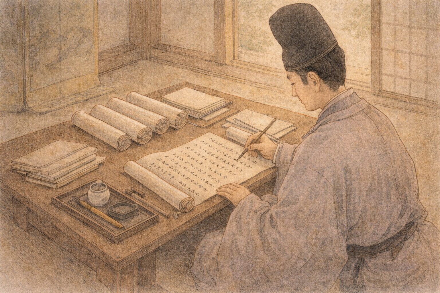 小右記で政治と儀式を記し続ける藤原実資のイメージ