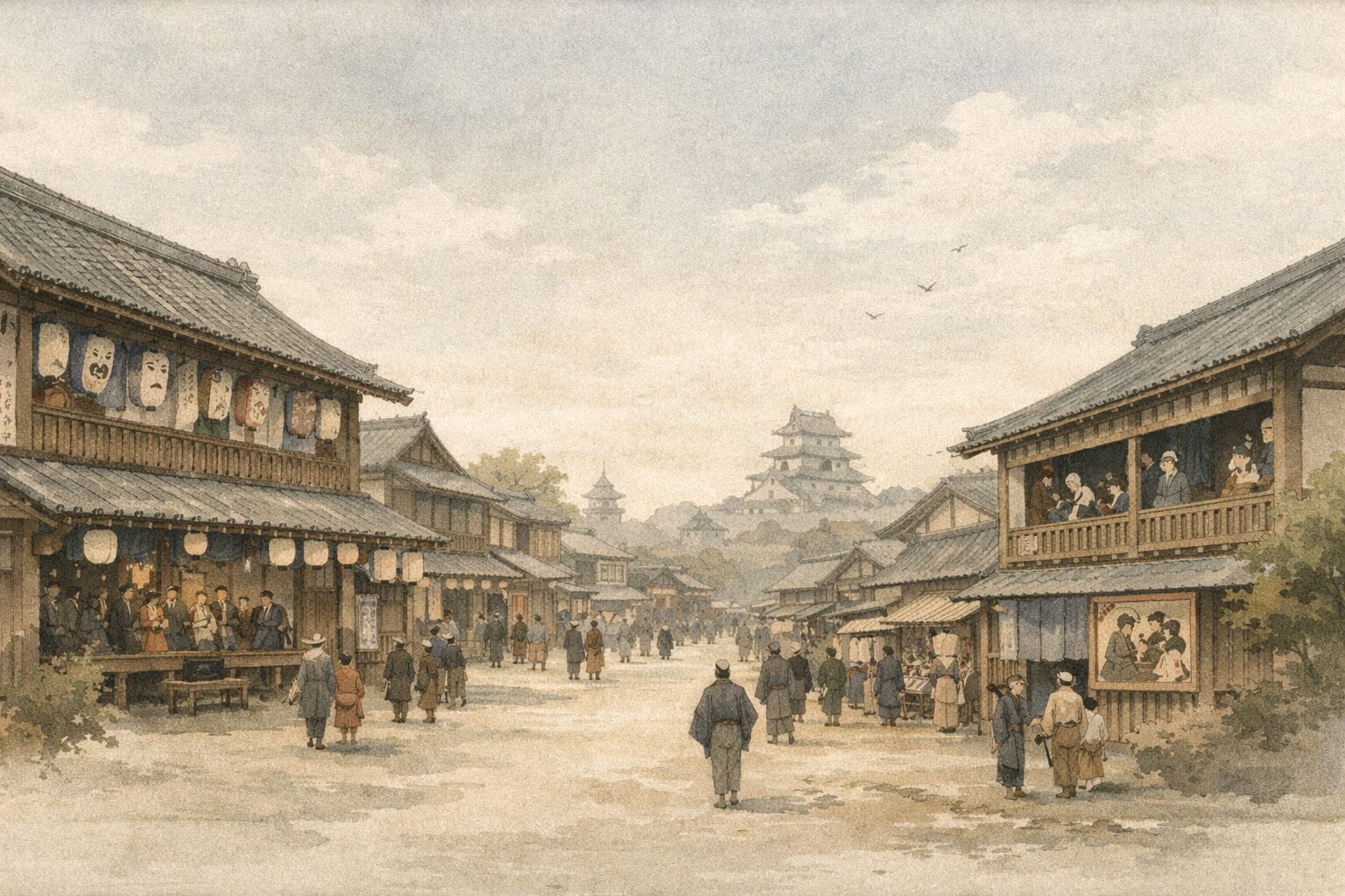 元禄の町人文化と浄瑠璃の広がりの中で活躍した近松門左衛門の時代背景を表した一場面