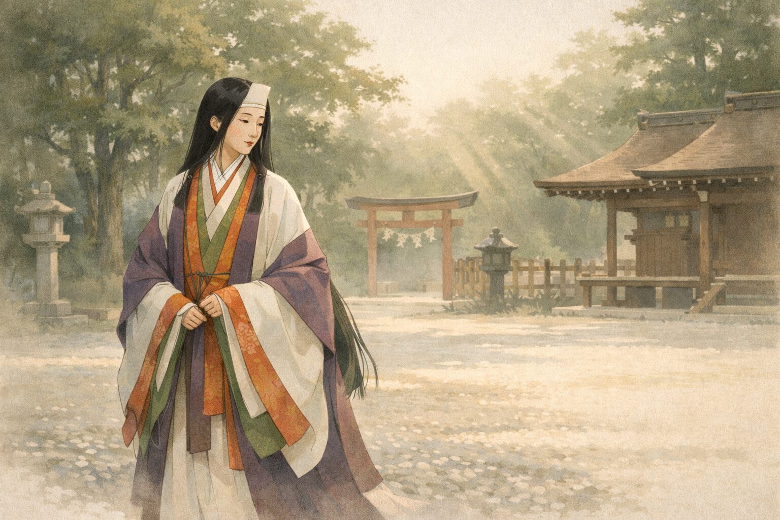 賀茂斎院という公的な立場と、静かな抑制をたたえた式子内親王の生涯の入口を表した一場面