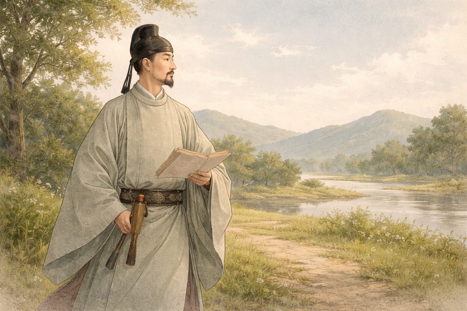 官人であり歌人でもあった大伴家持の生涯の全体像を、奈良時代の静かな屋外情景で表した一場面