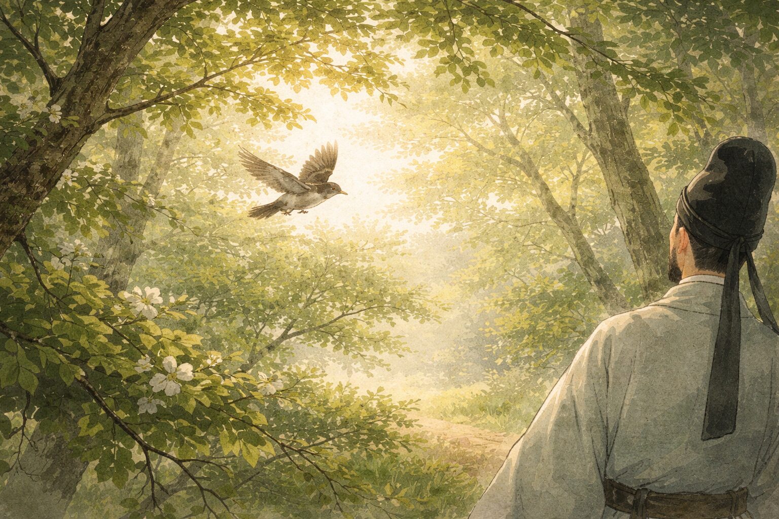 山辺の木の間を抜けるほととぎすの気配を、近い距離の身体感覚として表した静かな一場面