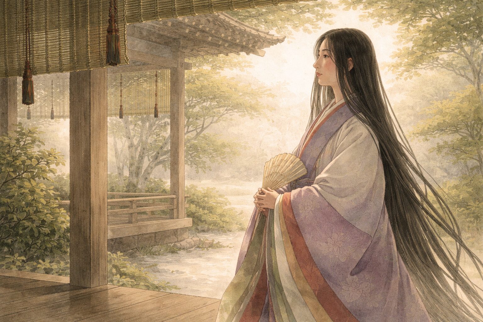 宮廷に仕えながら孤独や耐える感情を歌にした二条院讃岐の生涯の入口を表す一場面