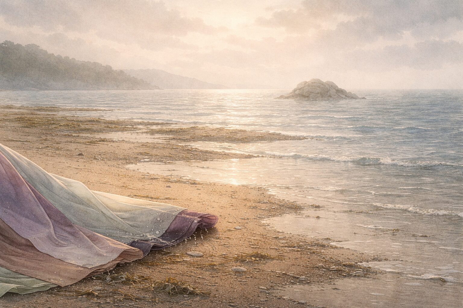 潮が引いても見えない沖の石と乾かない袖の比喩を、海辺の静かな情景で象徴した一場面