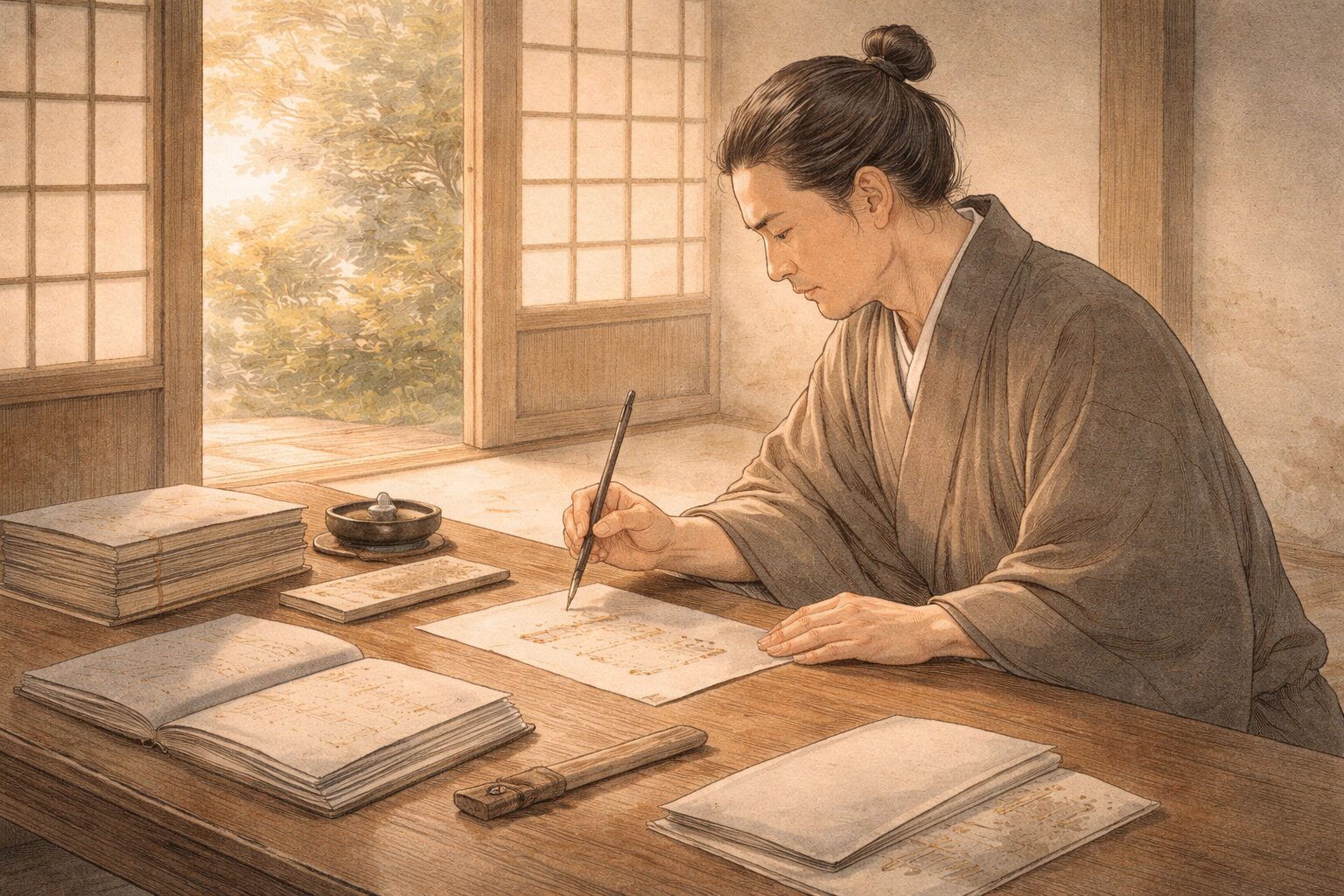 芭蕉の教えを受け継ぎながら、それをどう広く伝えるかを考える各務支考の人物像を表した一場面