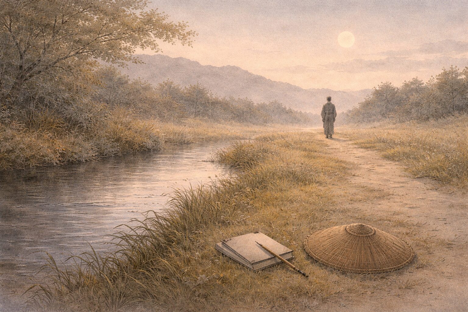 景色を描き込みすぎず、心が静かに整う瞬間だけを残す向井去来の俳諧の感覚を象徴した情景