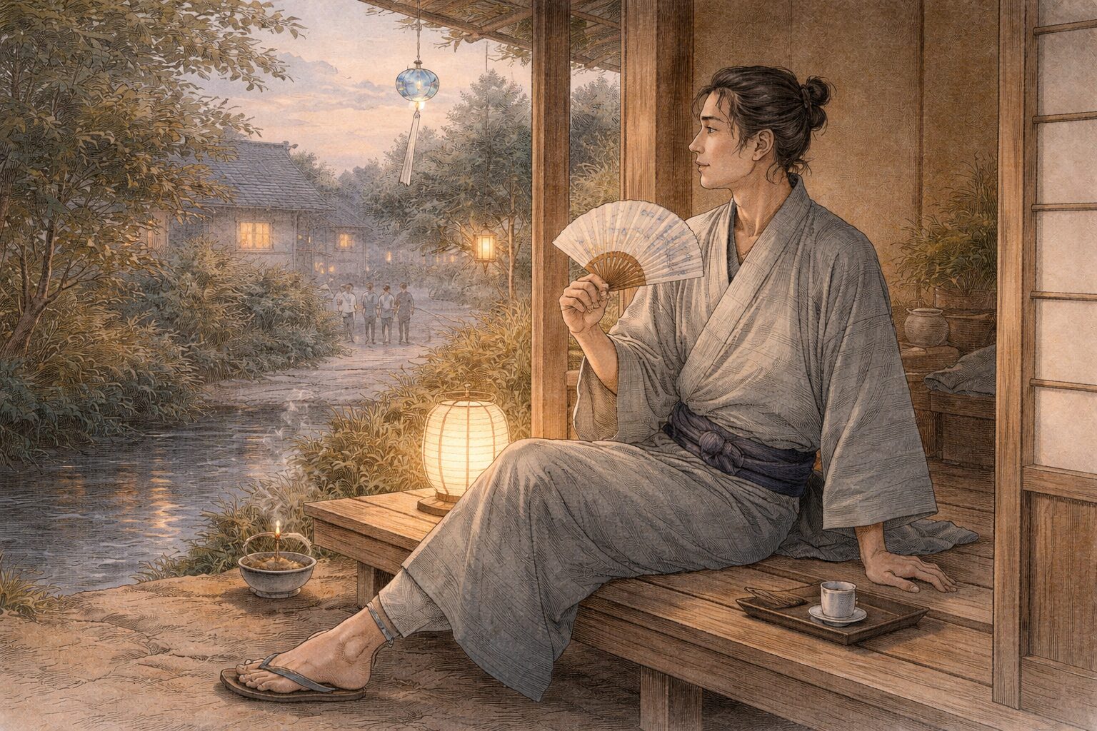 季節の景色そのものより、季節の中で人が少し粋に見える瞬間を捉える宝井其角の感性を表した一場面