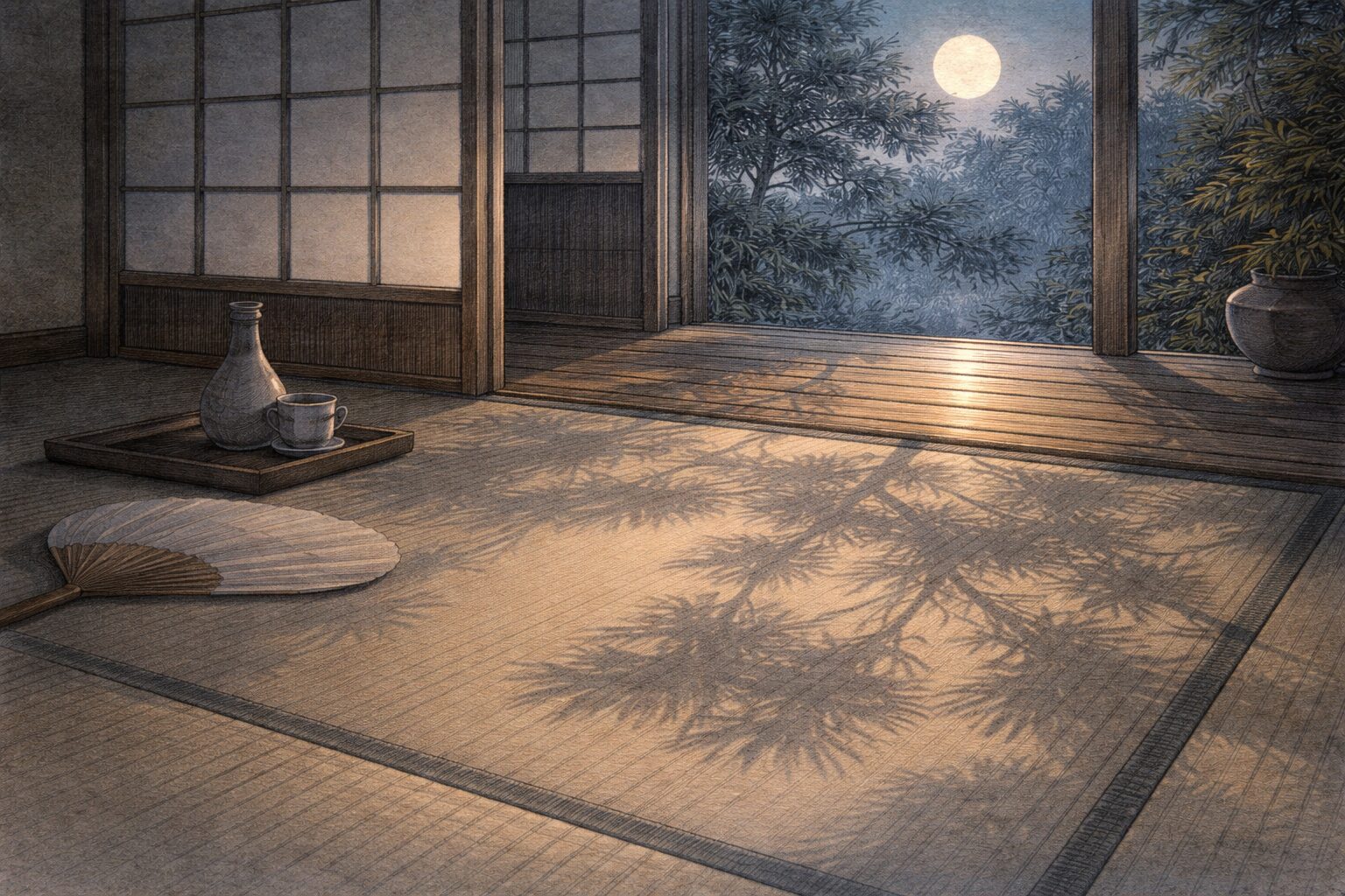 月そのものよりも、月明かりが畳の上に落とす松の影の美しさに目を向ける宝井其角の粋を象徴した情景