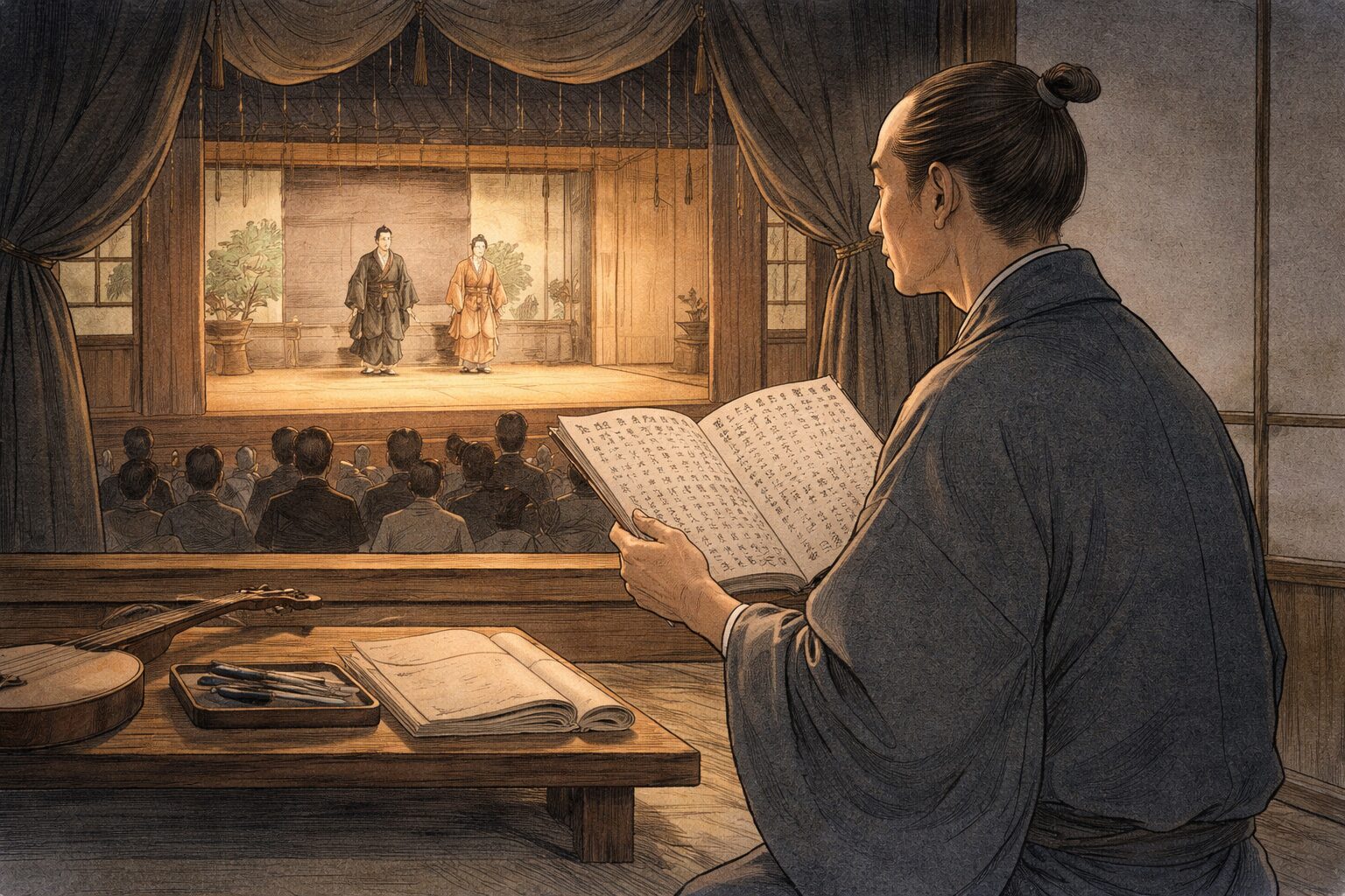 劇場競争の中で豊竹座の作風を支えた紀海音の立場と、舞台に届く構成力を表した一場面