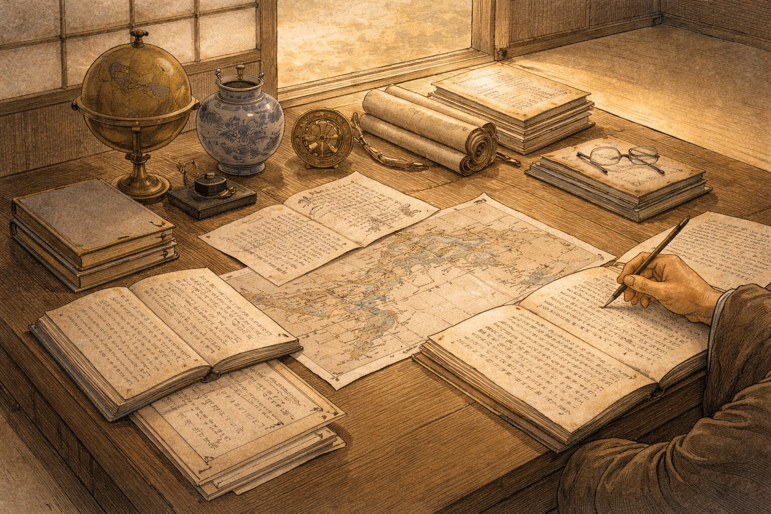 歴史資料や異文化の情報を並べて、感想ではなく判断の土台として読み解こうとする新井白石の知性を象徴した情景