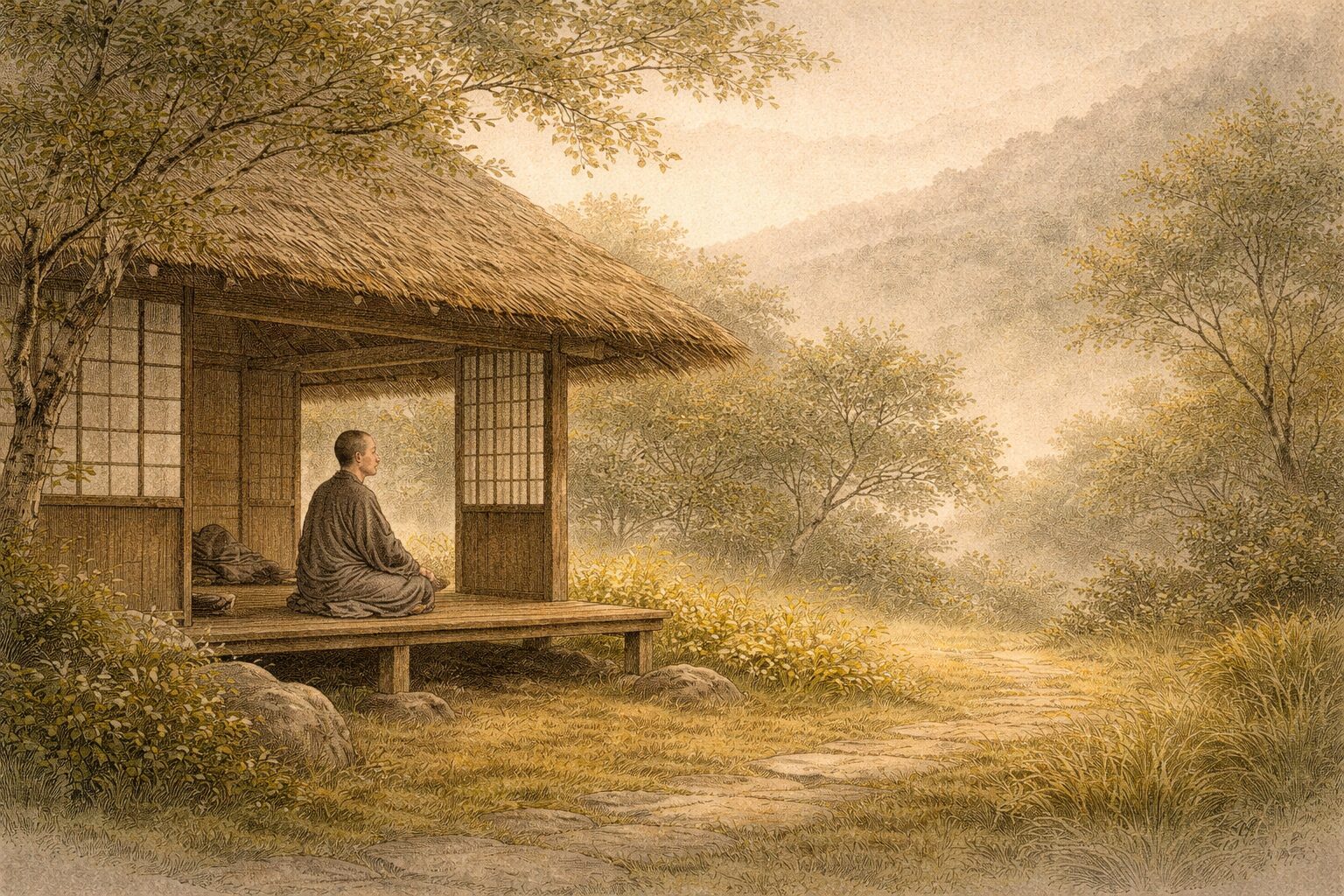 発心から遁世、そして執着の克服へ向かう閑居友の全体像を、静かな庵と人物で表した情景