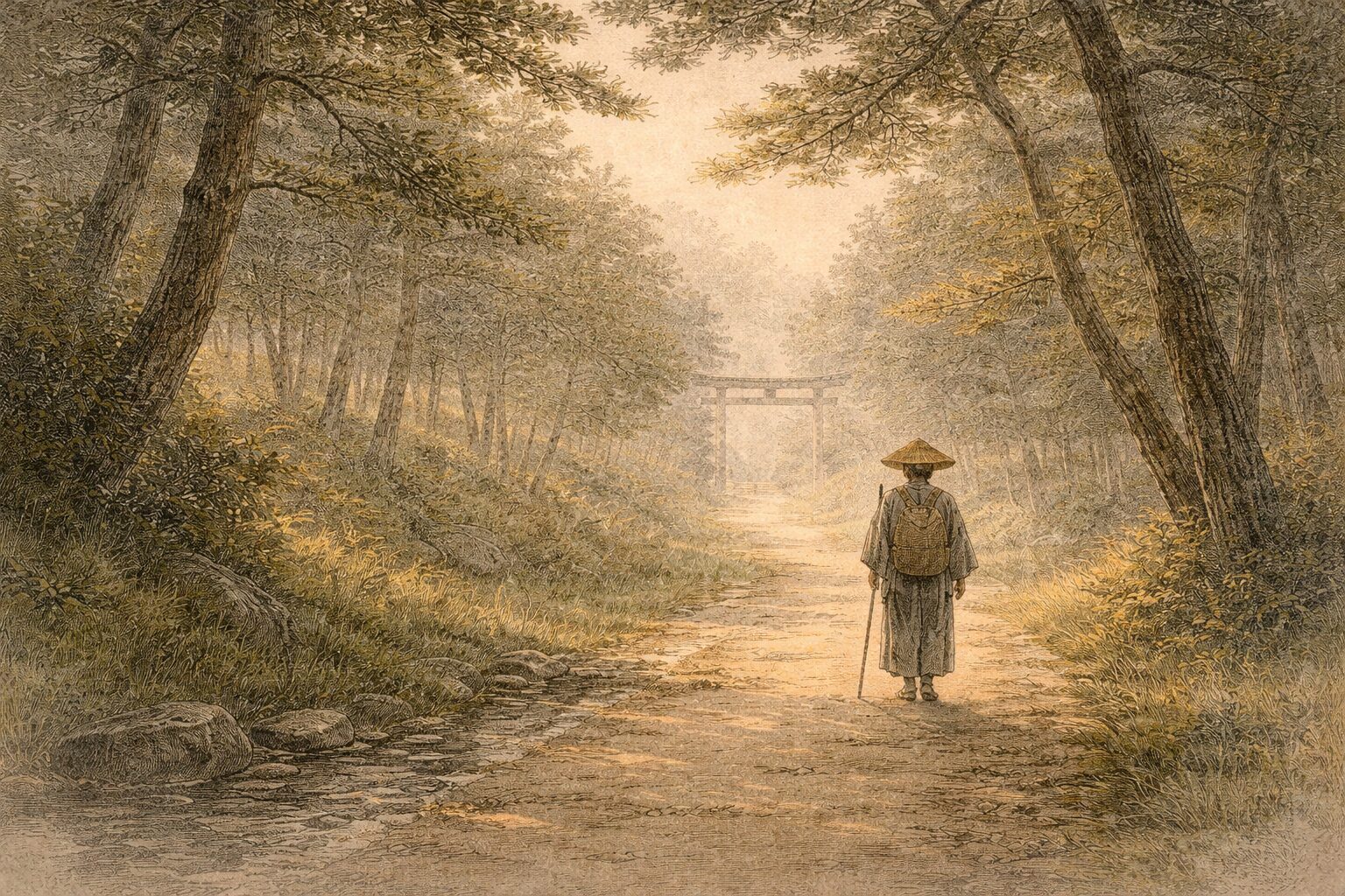 歌に知られた土地へ実際に身を運んでいくことで、都のつとが歌枕巡りの紀行文であることを表した情景