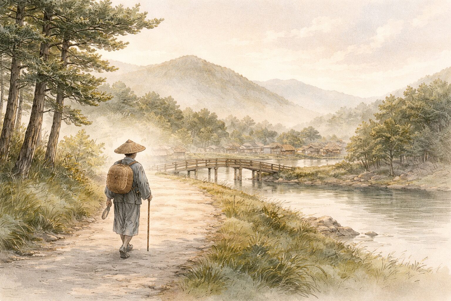 京都から鎌倉へ向かう海道記の旅路の中で、景色と和歌が一体になって進む全体像を表した情景