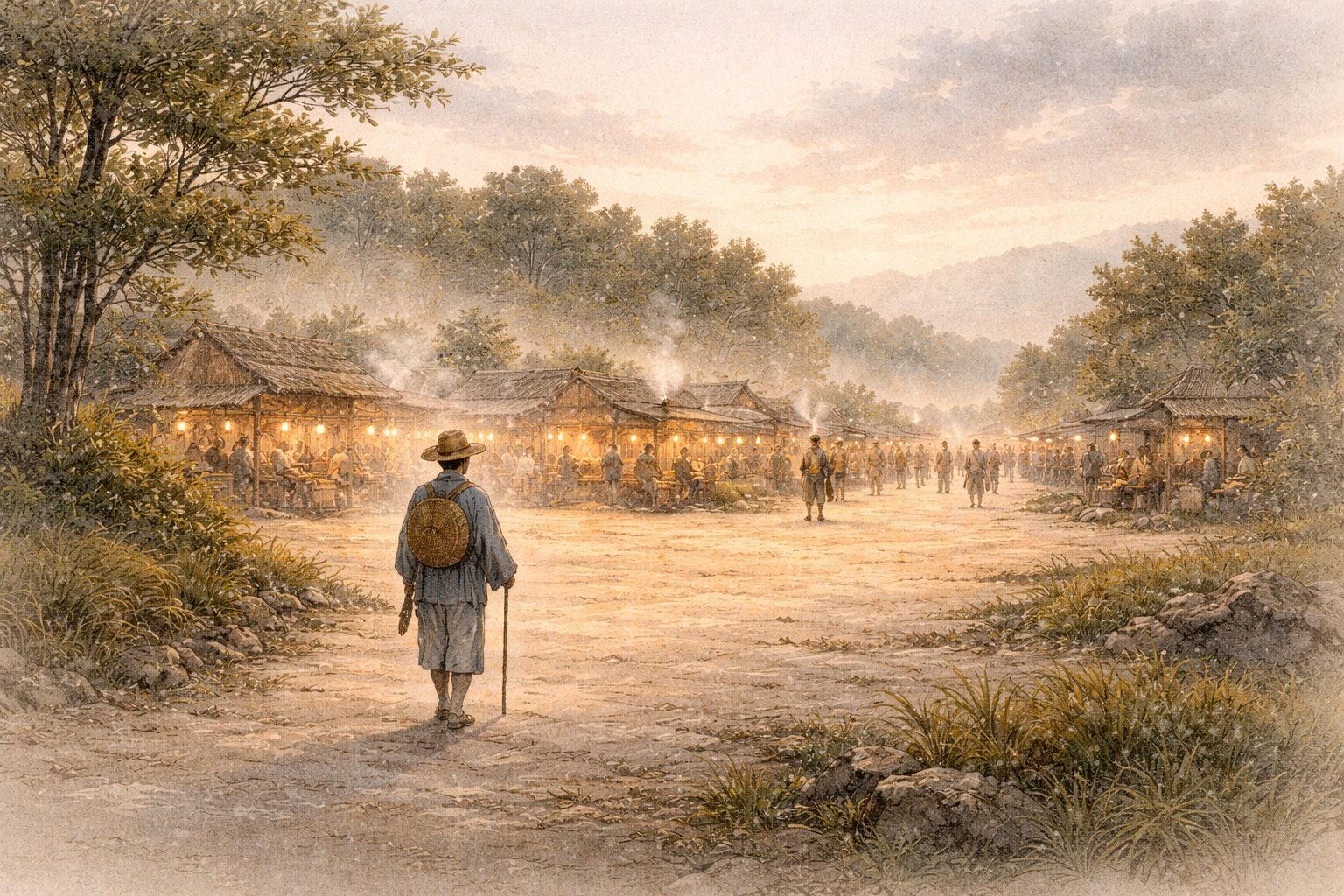 尾張の市のにぎわいや旅の不安までも和歌へ変えていく東関紀行の核心を象徴した静かな情景