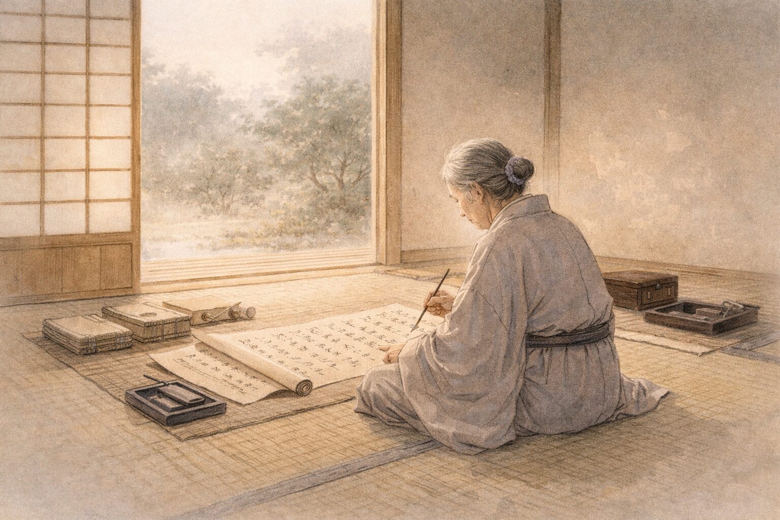 別れの予感から実際の別離へと進む成尋阿闍梨母集の全体像を、室内で記す母の姿として表した情景