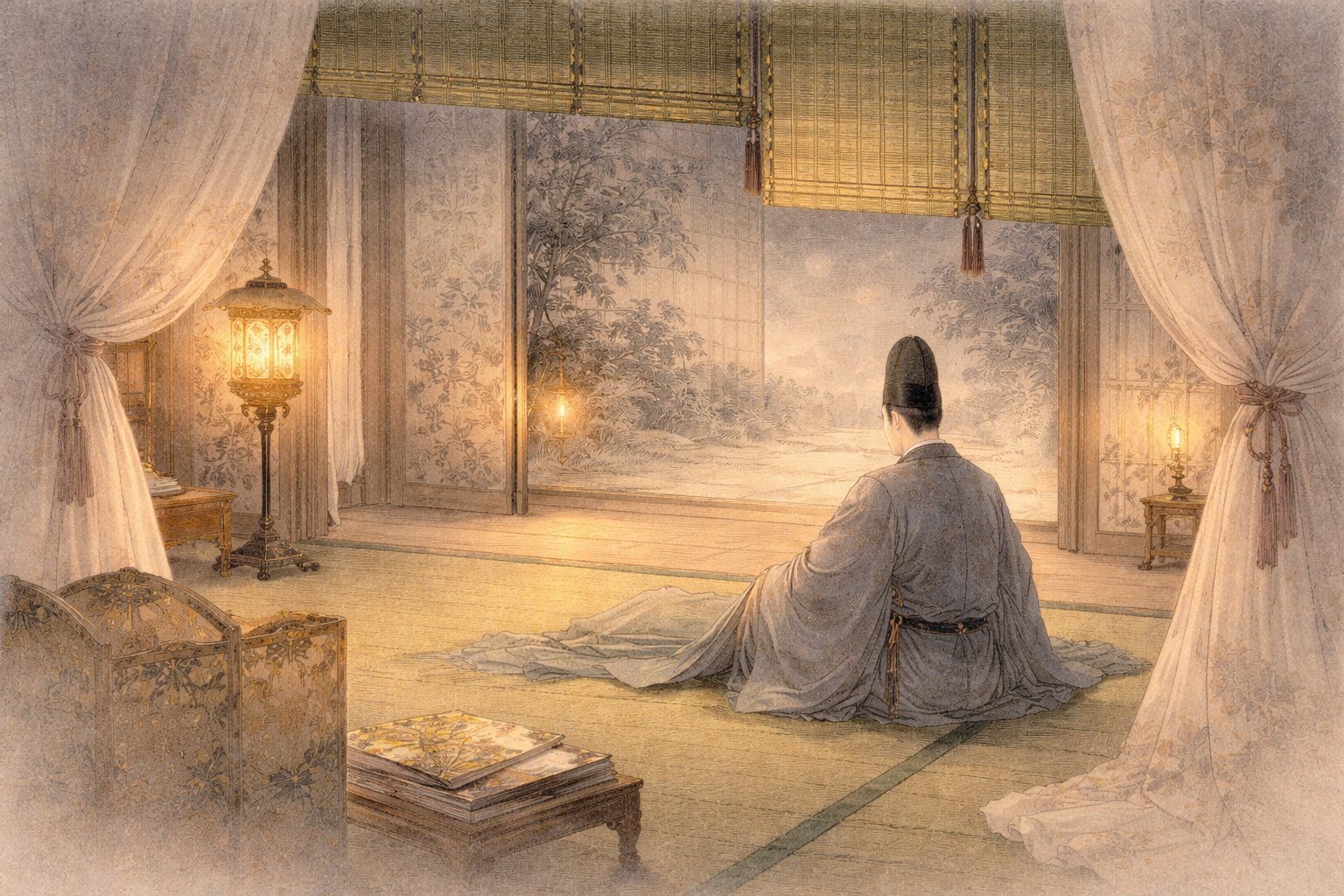 華やかな宮廷世界の中で複数の恋愛関係が広がりながらも、中心にはかなわぬ恋が残り続ける狭衣物語の全体像を表した情景