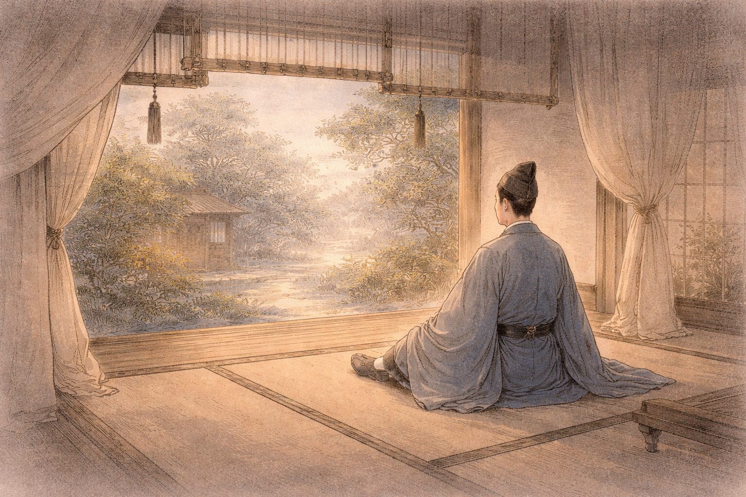 宮廷恋愛から父探しの渡唐へ大きく展開していく浜松中納言物語の全体像を表した情景