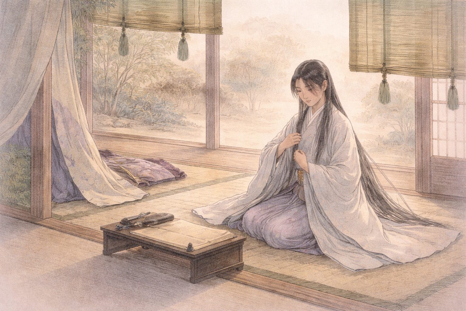 忘れがたい記憶を静かに書き置こうとする姿を通して、建礼門院右京大夫集が歌集でありながら回想録のように読めることを表した情景