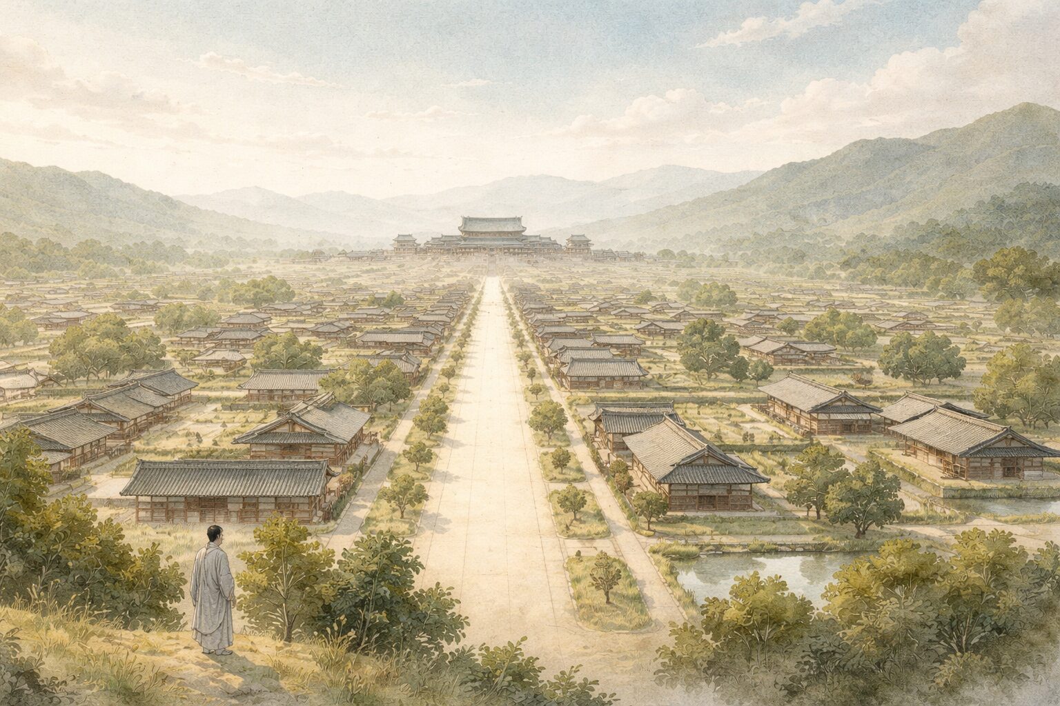 国家の制度と都を整えていく飛鳥時代後期の空気を、持統天皇の時代背景として象徴した情景