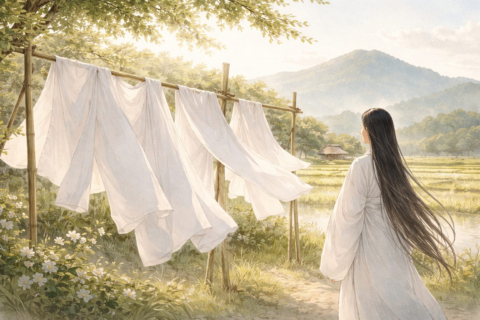 白い衣と香具山の景に季節の移ろいを感じ取る、持統天皇の繊細な感受性を象徴した一場面