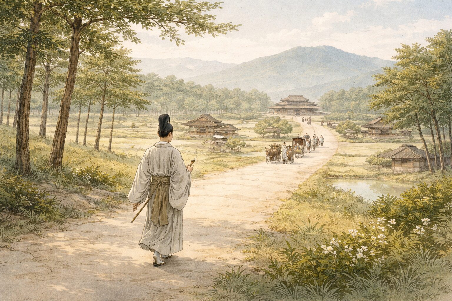 奈良時代初期の宮廷と行幸の空気の中で、風景を歌にしていく山部赤人の立場を象徴した情景