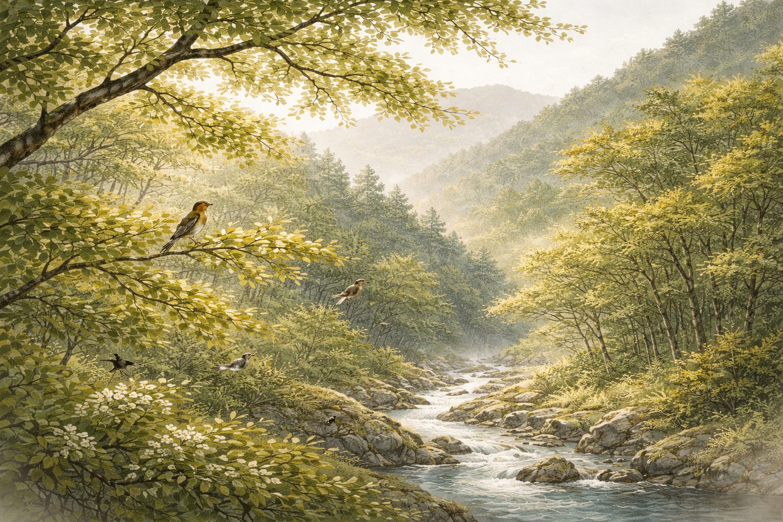 山の梢に満ちる鳥の声や気配を通して、山部赤人が自然そのものを主役にした叙景の美しさを表した情景