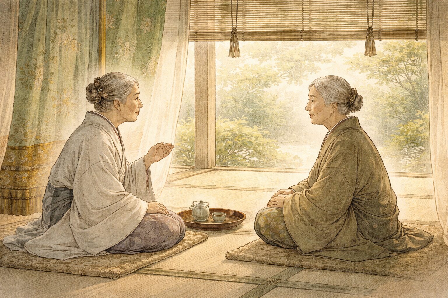 老女たちの対話を通して、記録ではなく語り伝えとして歴史が始まる今鏡の特徴を表した情景