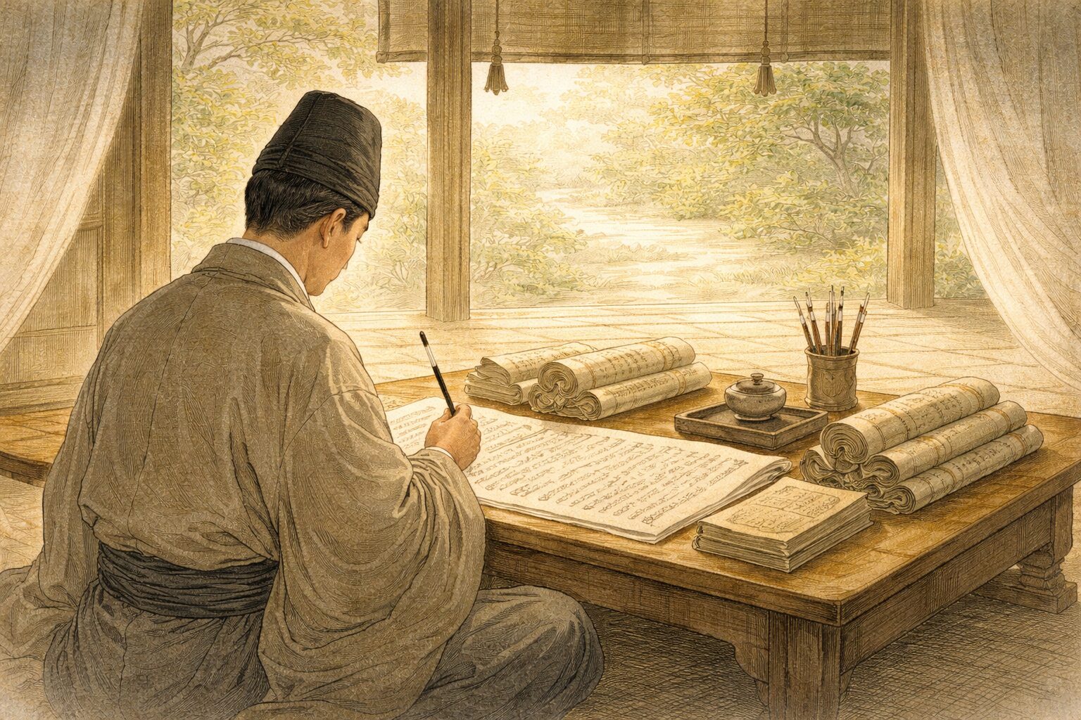 政務・和歌・書写が同じ机上で重なっていく、明月記の長期記録としての性格を表した情景