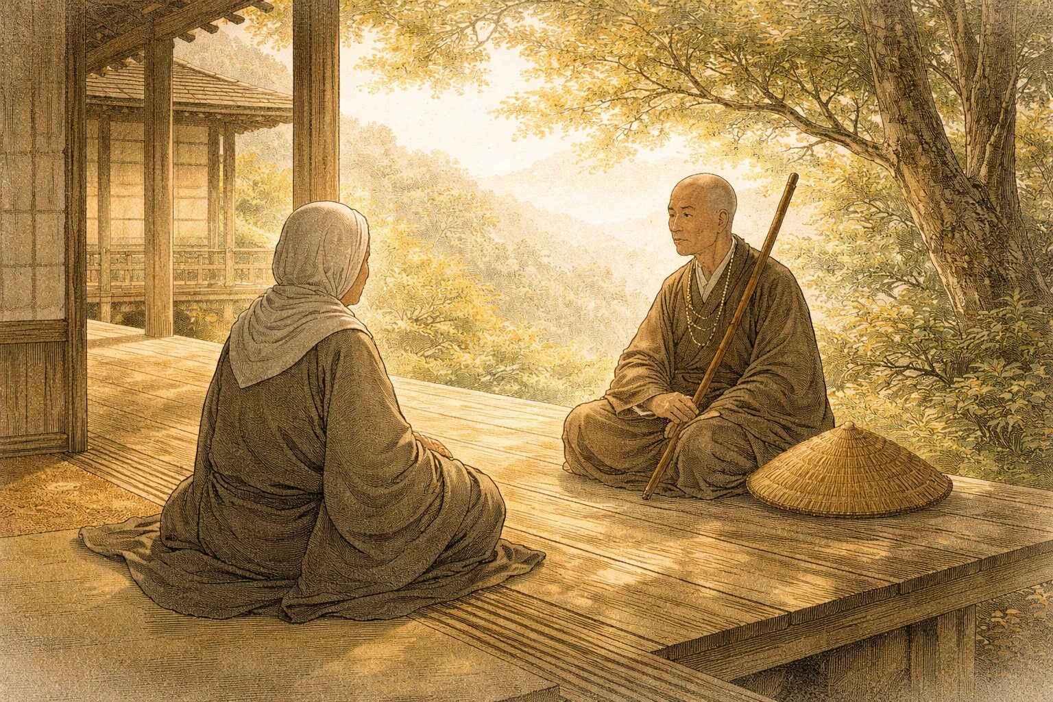 老尼が寺にこもり、不思議な修行者の話を聞くことで歴史の語りが始まる水鏡の導入を表した情景