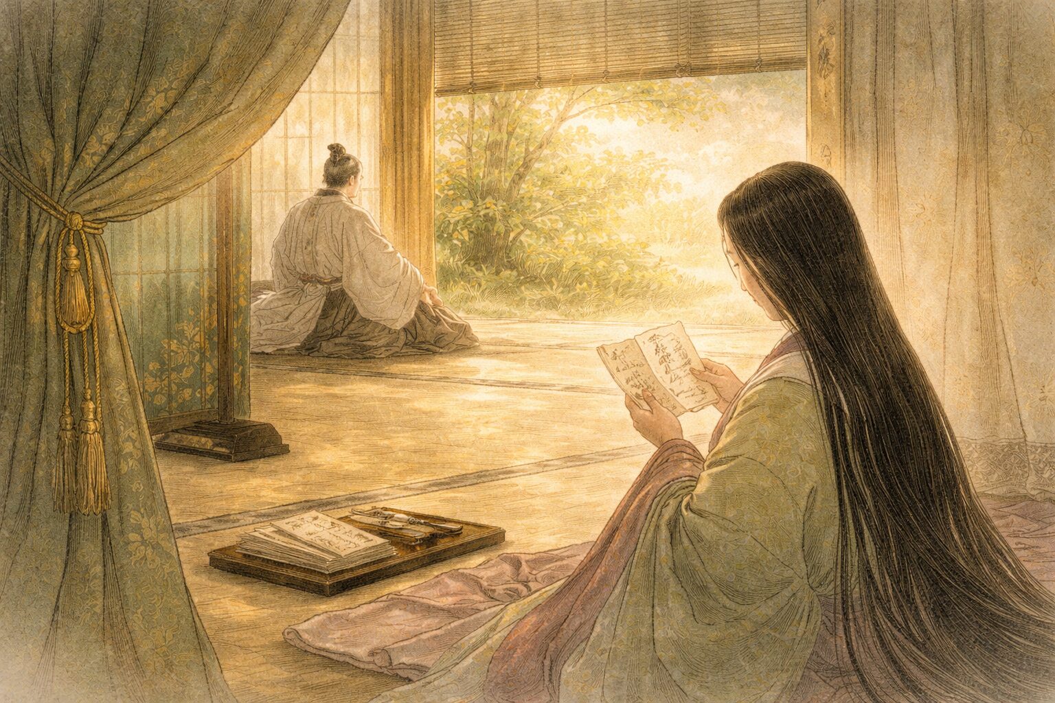 和歌を含む王朝説話として始まる古本説話集の上巻の空気を、宮廷の静かな情趣の中で表した情景