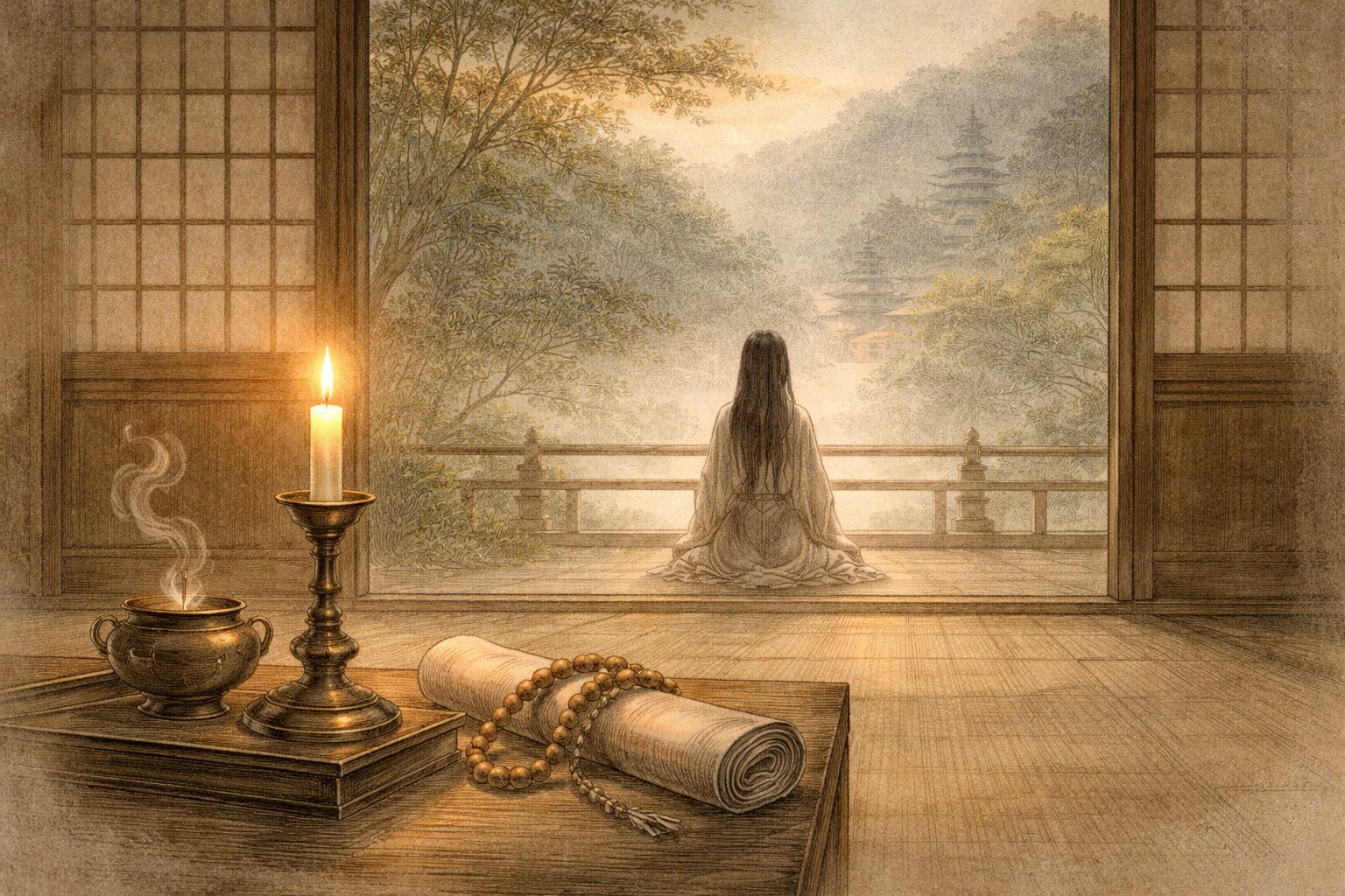 恋の行き場を失った心が祈りと出家へ向かっていく、海人の刈藻後半の核心を象徴した情景